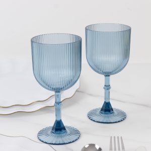 12-Pack Dusty Blue Plastic Wine Glasses 9oz, Vintage Ribbed Pattern - Transparent Reusable Shatterproof Goblets